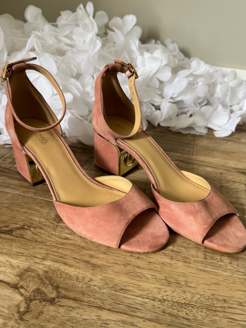 Michael Kors Dusty Rose Suede Block Heel Sandals with Ankle Strap